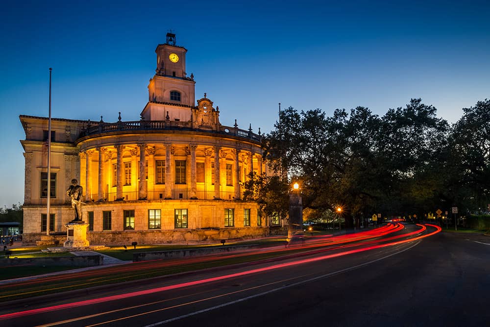 Night view of the Coral Gables City Hall in Miracle Mile